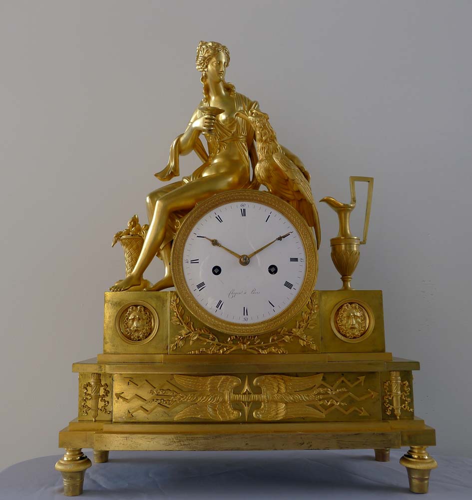 Antique French Empire ormolu clock depicting the goddess Juno or Hera.