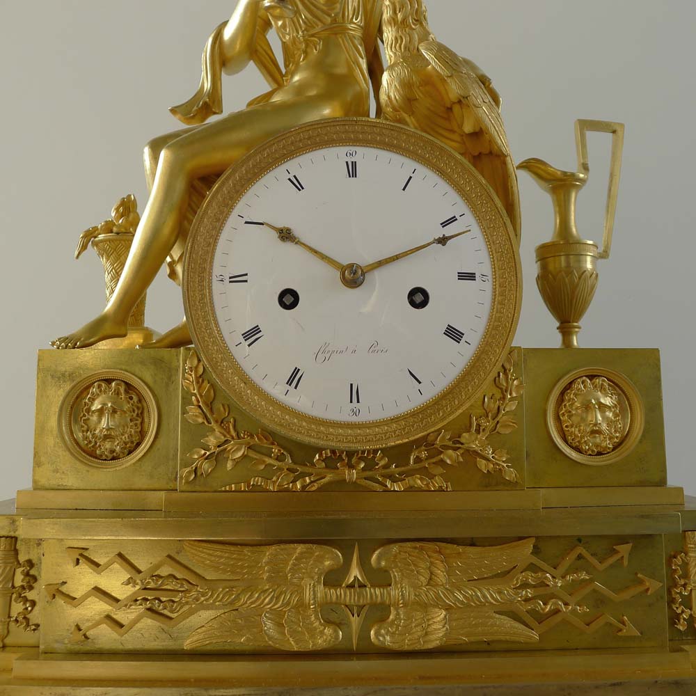 Antique French Empire ormolu clock depicting the goddess Juno or Hera.