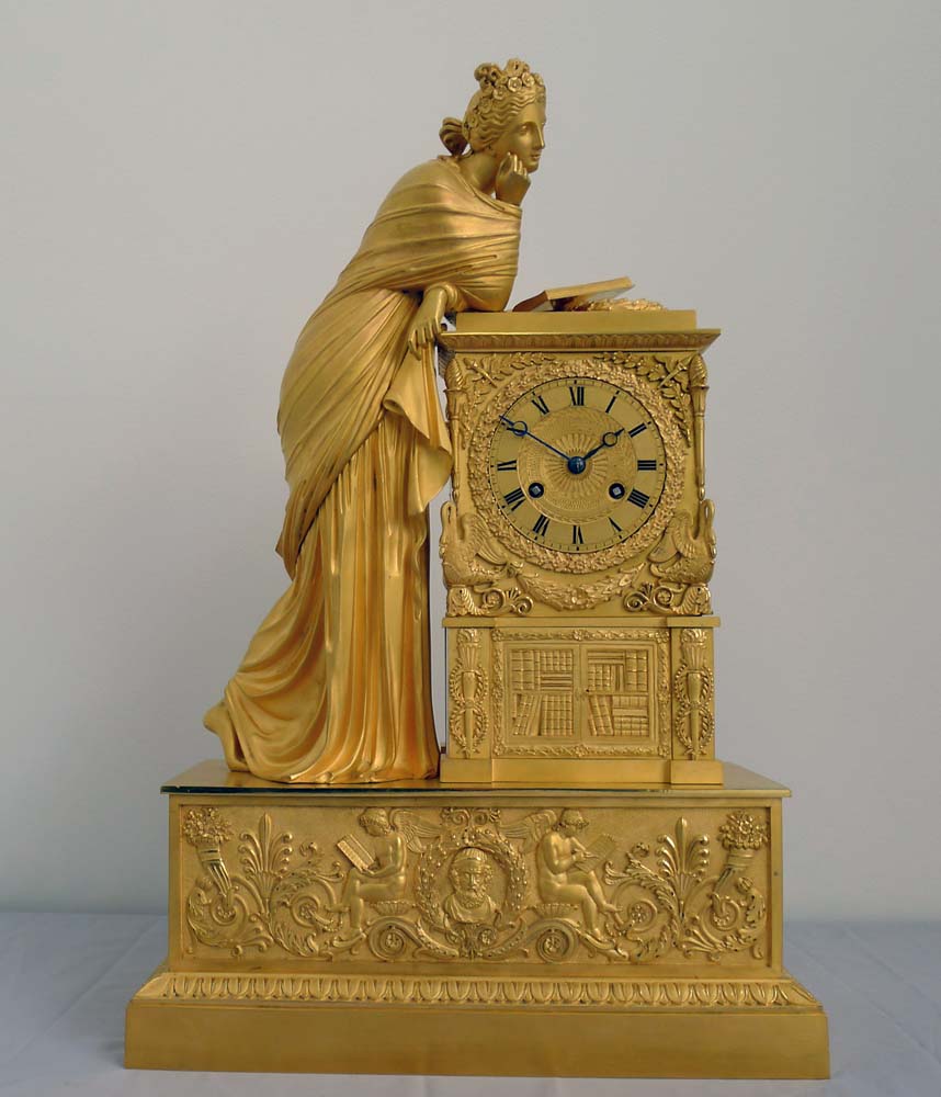 Antique French Charles X mantel clock by Guyerdet of Apollo's Muse Erato.