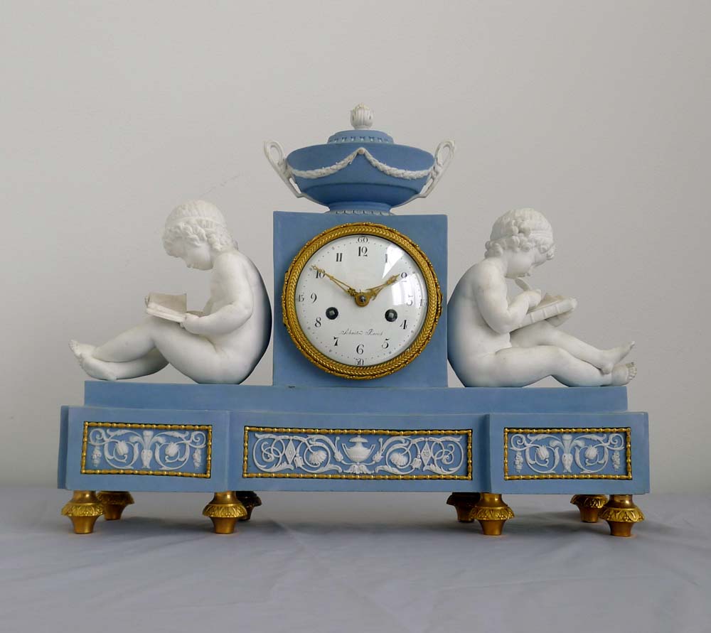 Antique French Directoire bisque library clock by Schmit and case attributed to Dihl and Guérhard