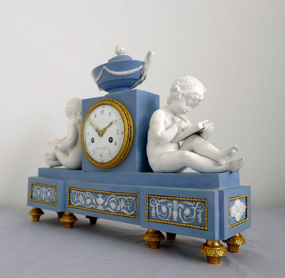 Antique French Directoire bisque library clock by Schmit and case attributed to Dihl and Guérhard