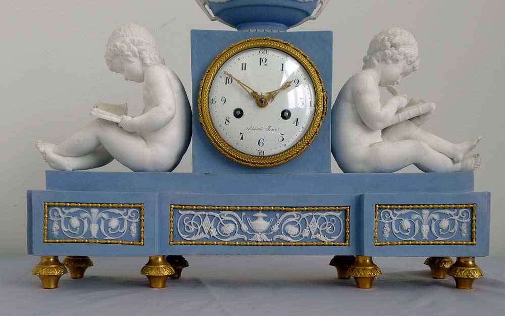 Antique French Directoire bisque library clock by Schmit and case attributed to Dihl and Guérhard