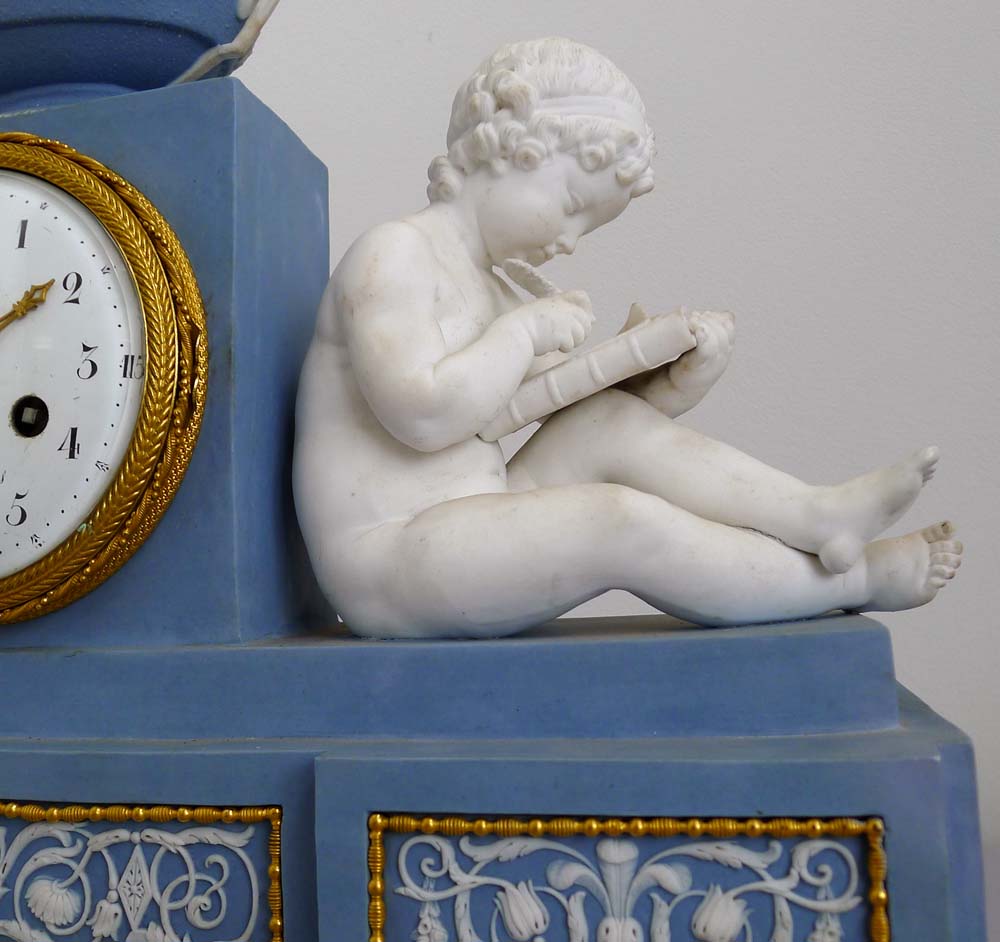 Antique French Directoire bisque library clock by Schmit and case attributed to Dihl and Guérhard