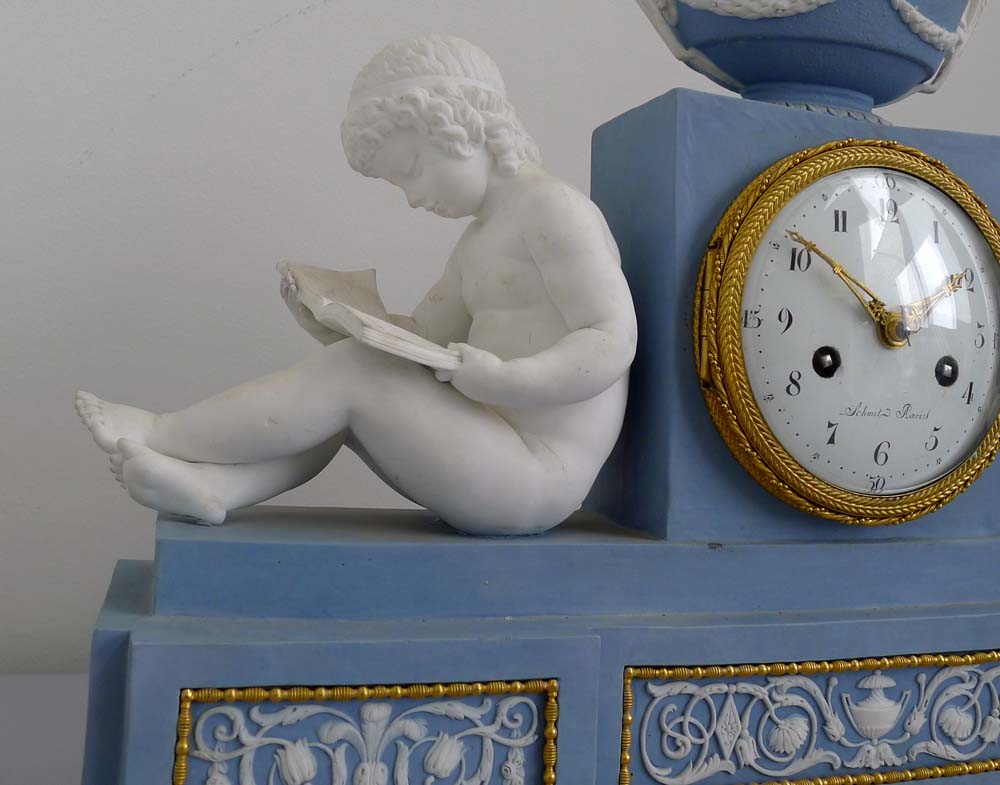 Antique French Directoire bisque library clock by Schmit and case attributed to Dihl and Guérhard