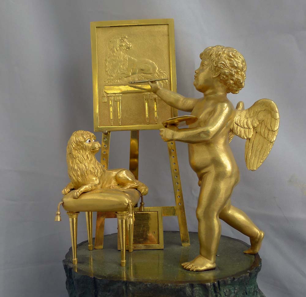 Fine French Empire Genre clock of Cupid as Artist by Maniere.