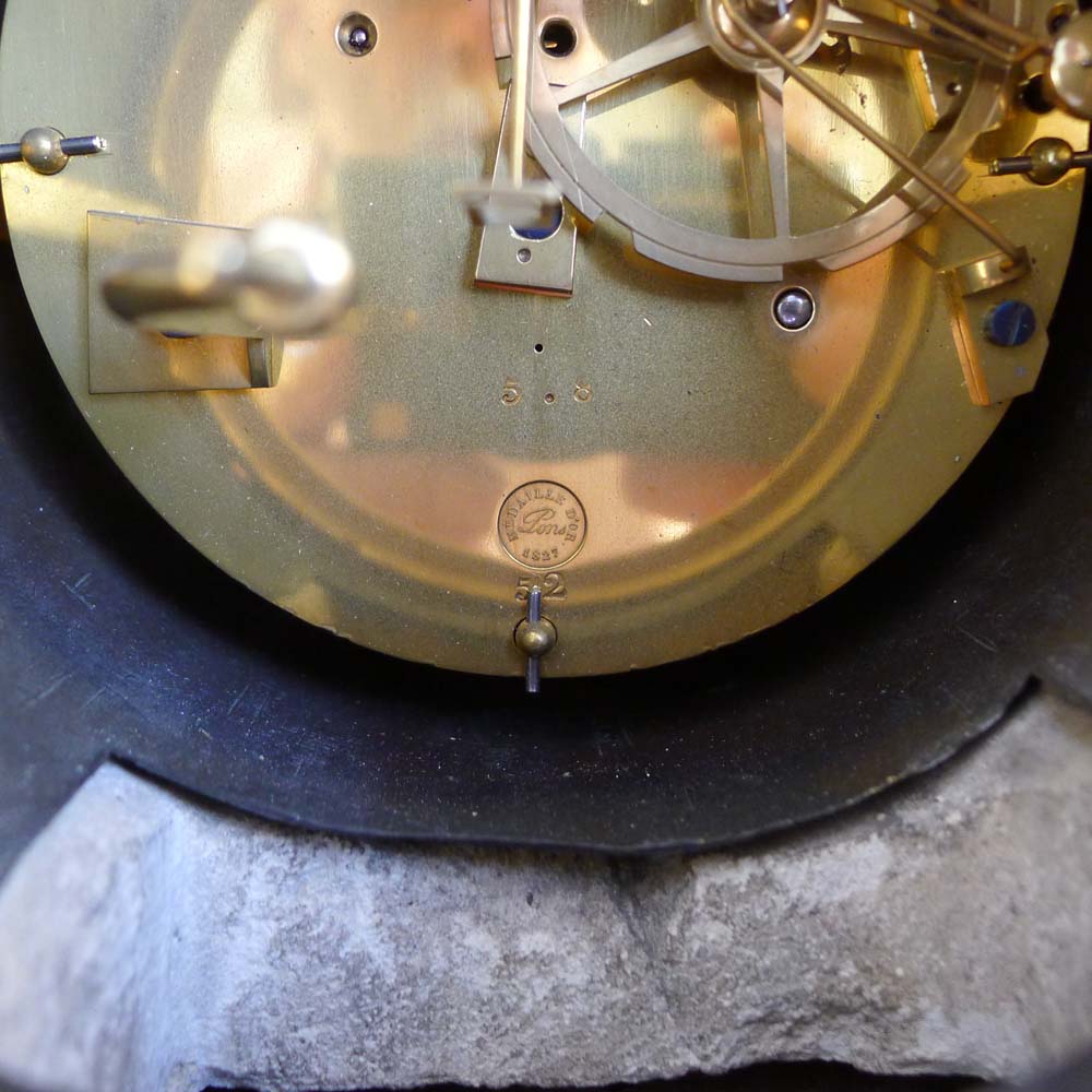 Antique French Sienna marble clock with patinated bronze Grand Tour sculpture of The Arrotino.