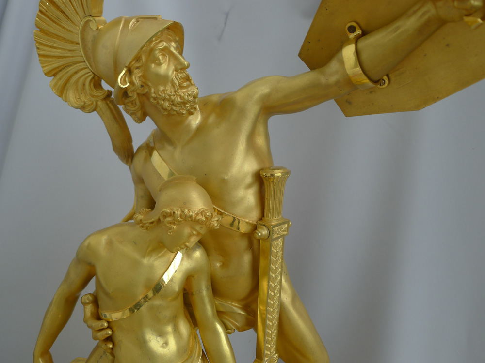 Important Antique French Empire mantel clock of Hector defending Paris stamped Thomire a paris