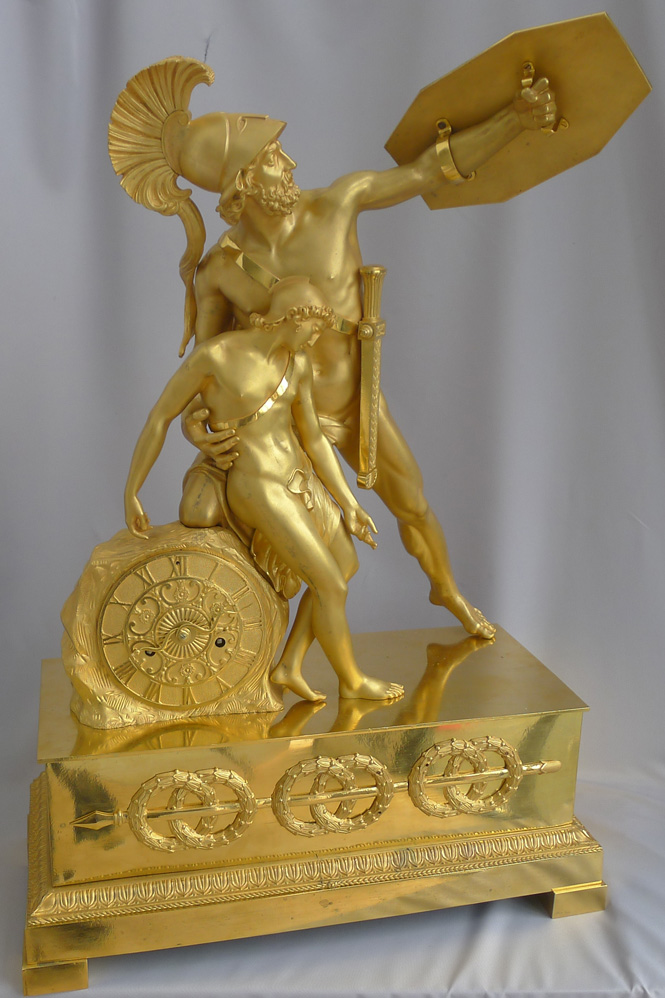 Important Antique French Empire mantel clock of Hector defending Paris stamped Thomire a paris