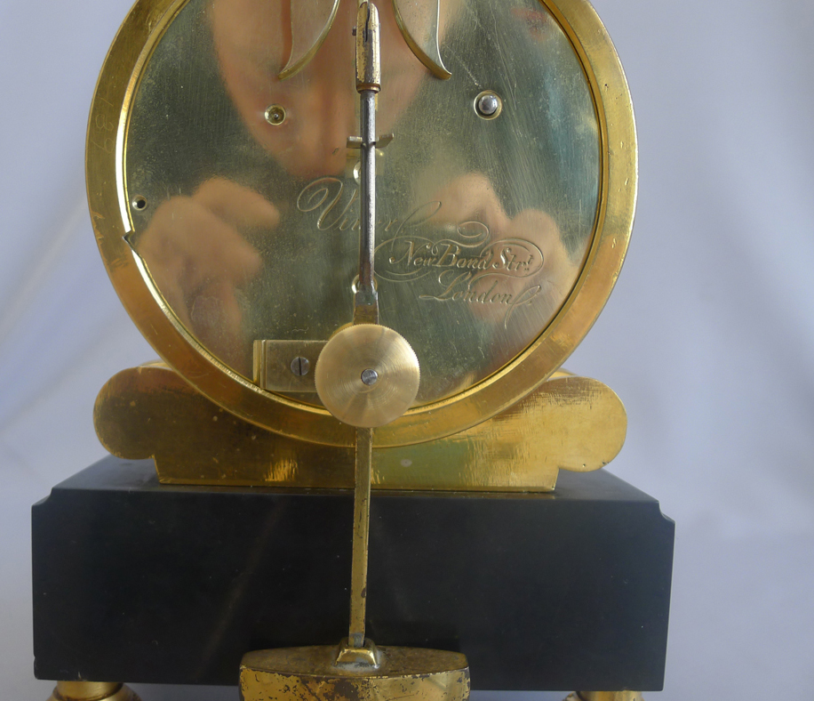 Antique English Regency fusee mantel clock, by Viner in Ormolu and Derbyshire black marble