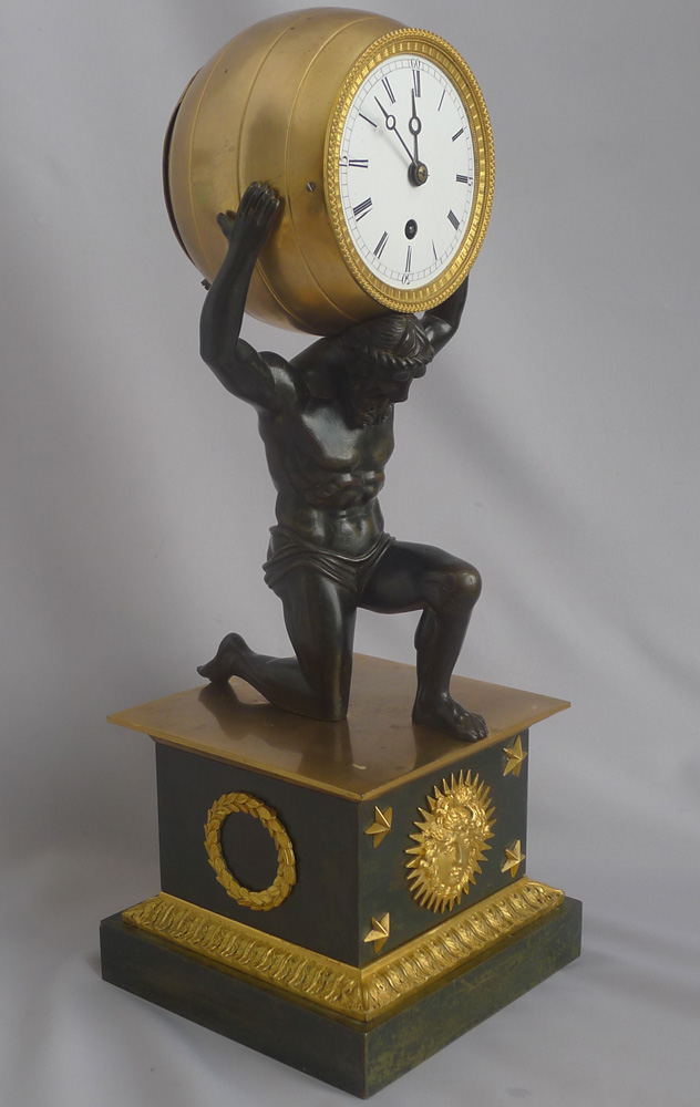 English Regency antique Ormolu and Patinated bronze mantel clock of Atlas holding the world