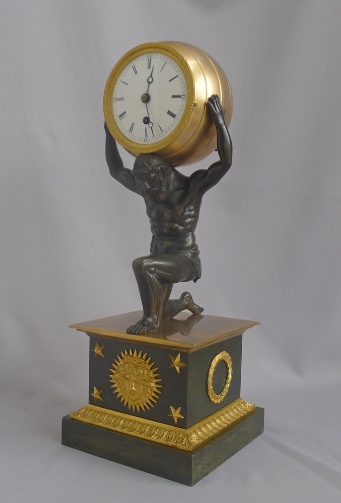 English Regency antique Ormolu and Patinated bronze mantel clock of Atlas holding the world