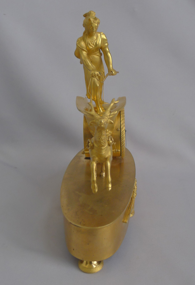 Antique French Empire Miniature ormolu mantel clock of Diane in a chariot