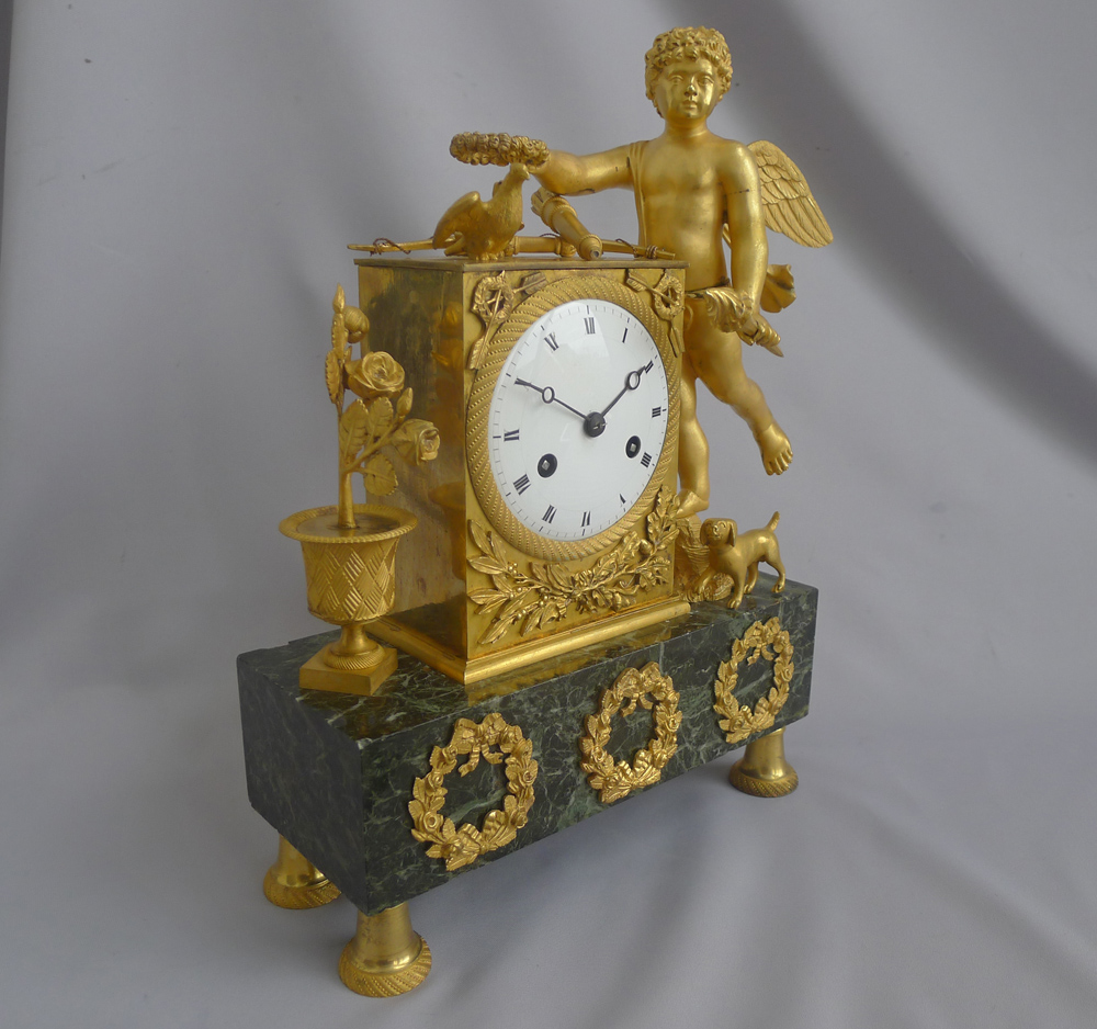 Antique French Empire Ormolu and Marble Mantel Clock of Cupid and his Dog