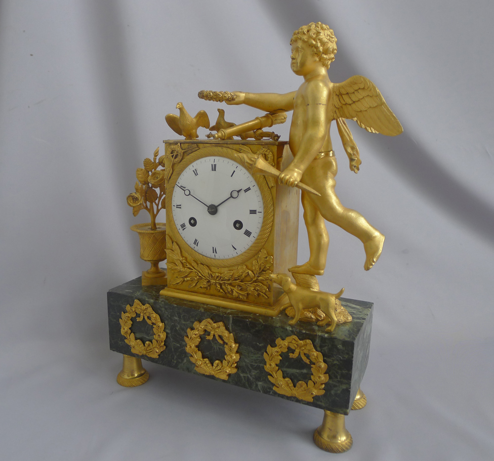 Antique French Empire Ormolu and Marble Mantel Clock of Cupid and his Dog