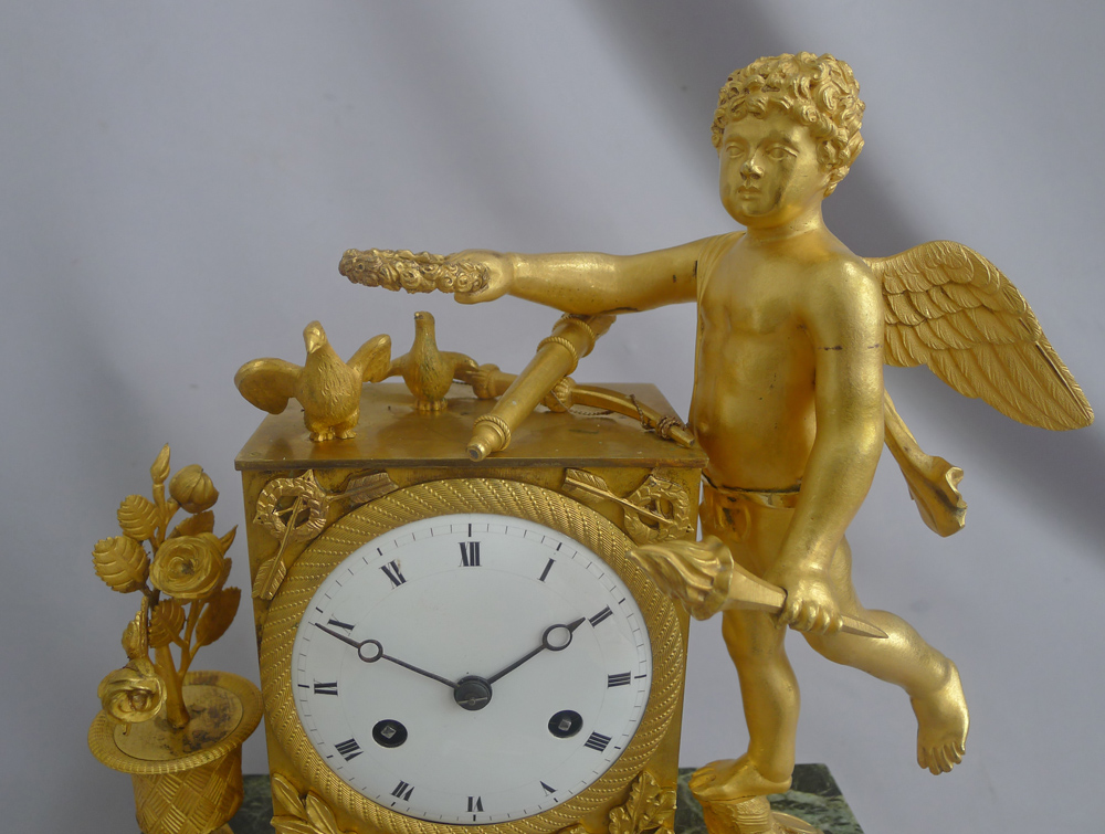 Antique French Empire Ormolu and Marble Mantel Clock of Cupid and his Dog