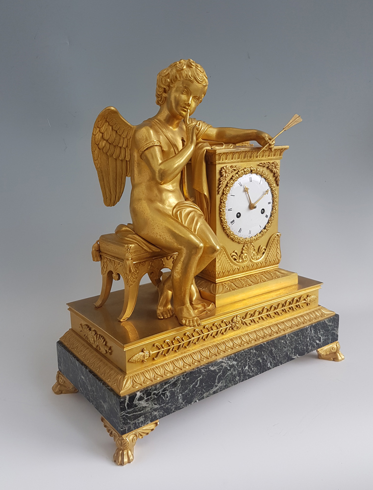 Antique French Empire Ormolu and Marble Mantel clock of Cupid