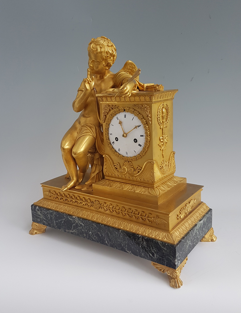 Antique French Empire Ormolu and Marble Mantel clock of Cupid