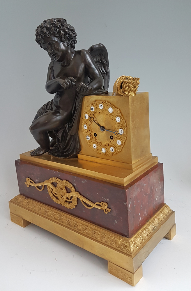 French Louis Phillipe Ormolu, Marble and Patinated bronze Mantel Clock