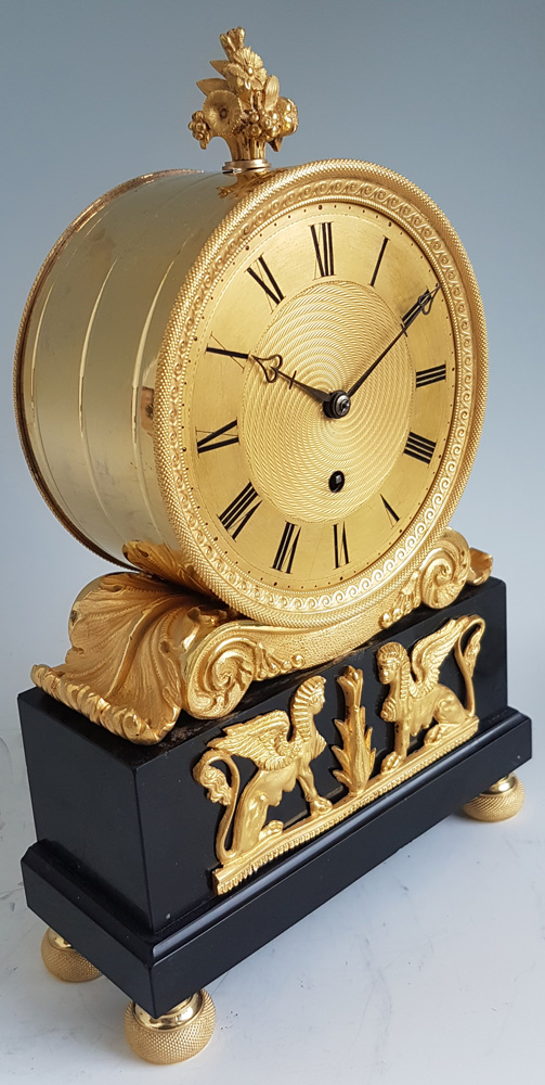English Regency Fusee mantel Clock in ormolu and Derbyshire black marble signed French Royal Exchang