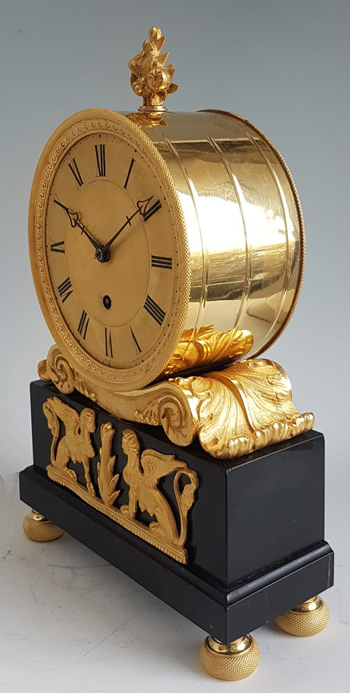 English Regency Fusee mantel Clock in ormolu and Derbyshire black marble signed French Royal Exchang