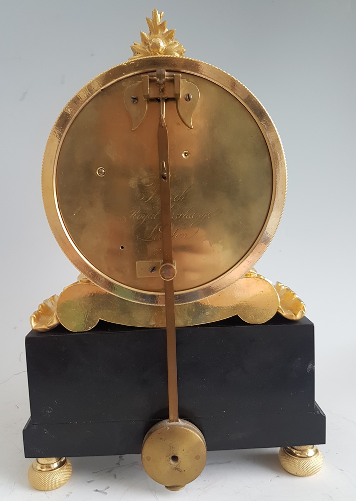 English Regency Fusee mantel Clock in ormolu and Derbyshire black marble signed French Royal Exchang