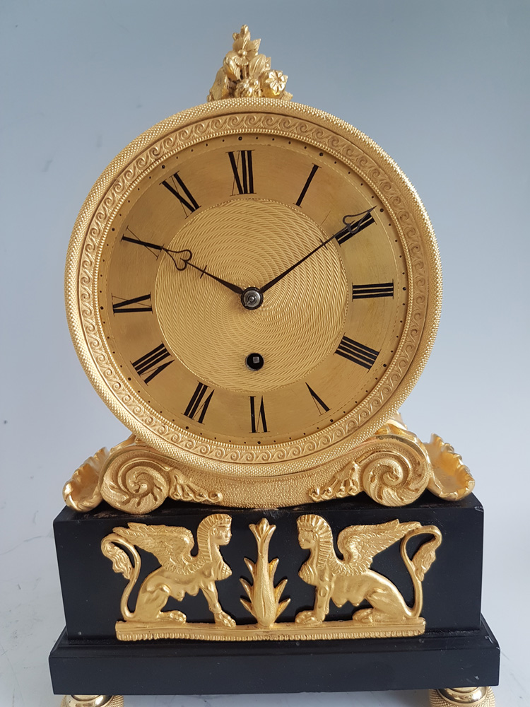 English Regency Fusee mantel Clock in ormolu and Derbyshire black marble signed French Royal Exchang