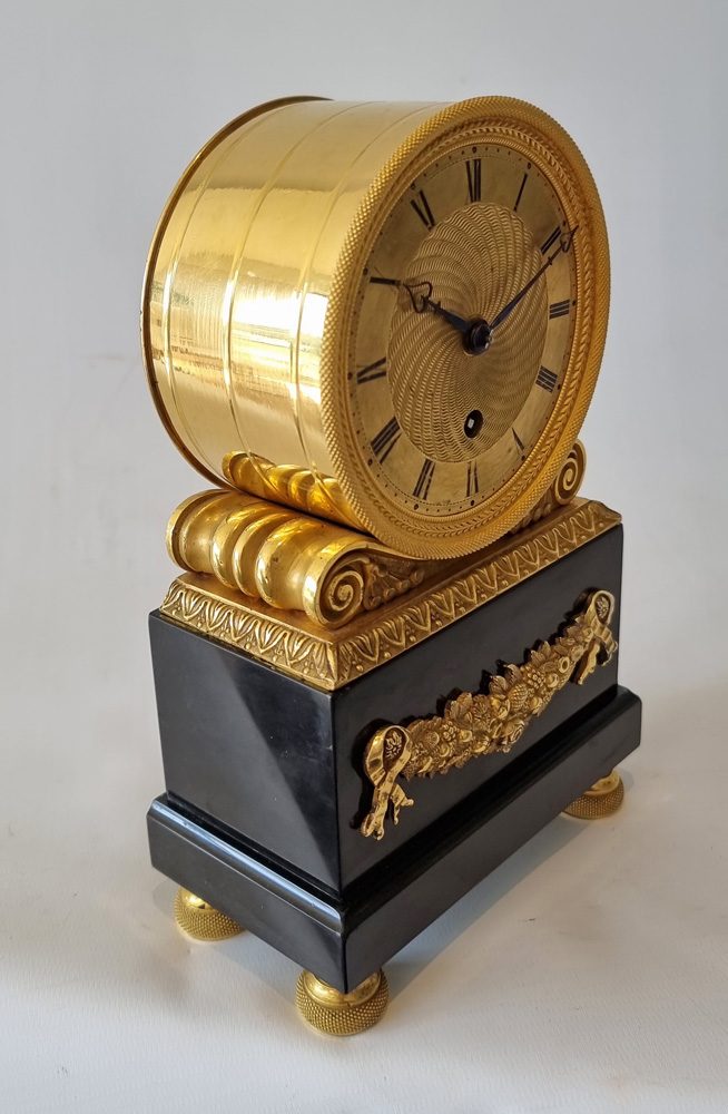 Antique English Regency fusee mantel clock, by Viner in Ormolu and Derbyshire black marble