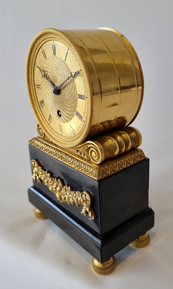 Antique English Regency fusee mantel clock, by Viner in Ormolu and Derbyshire black marble