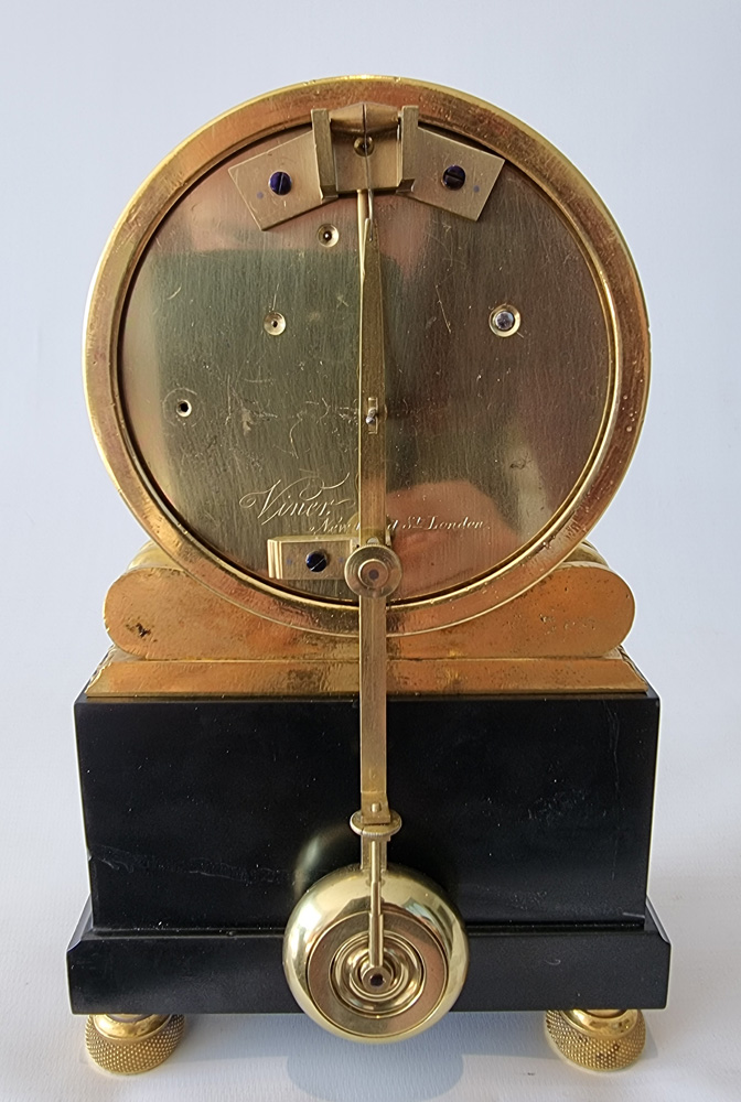 Antique English Regency fusee mantel clock, by Viner in Ormolu and Derbyshire black marble