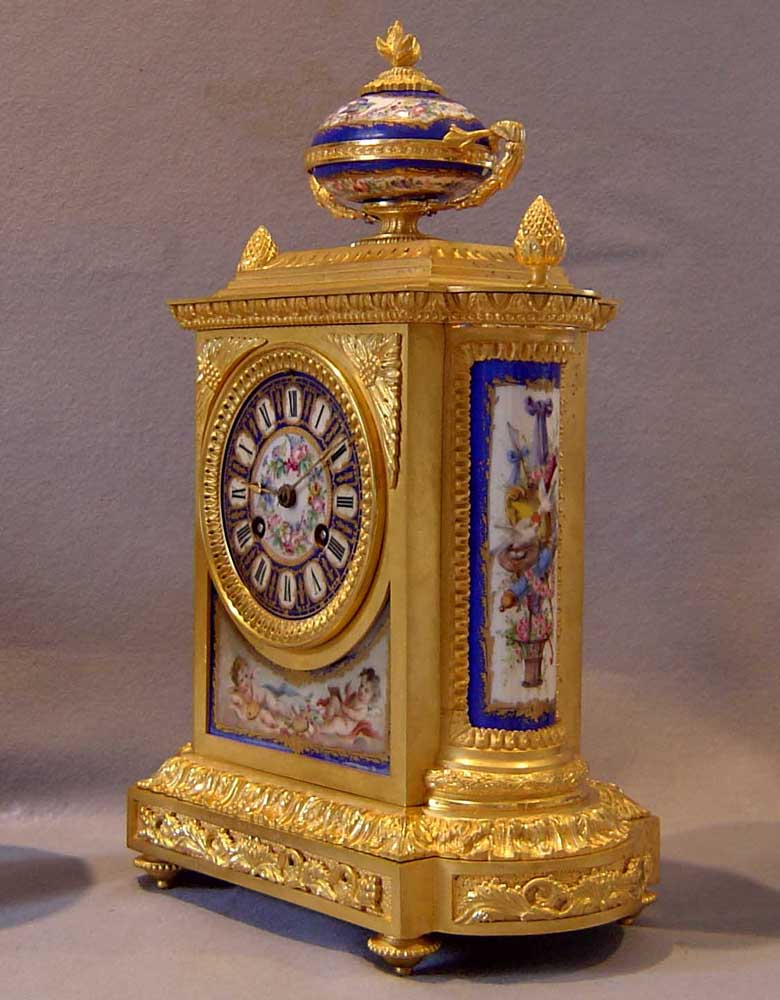 Antique French bleu du roi porcelain & ormolu clock set
