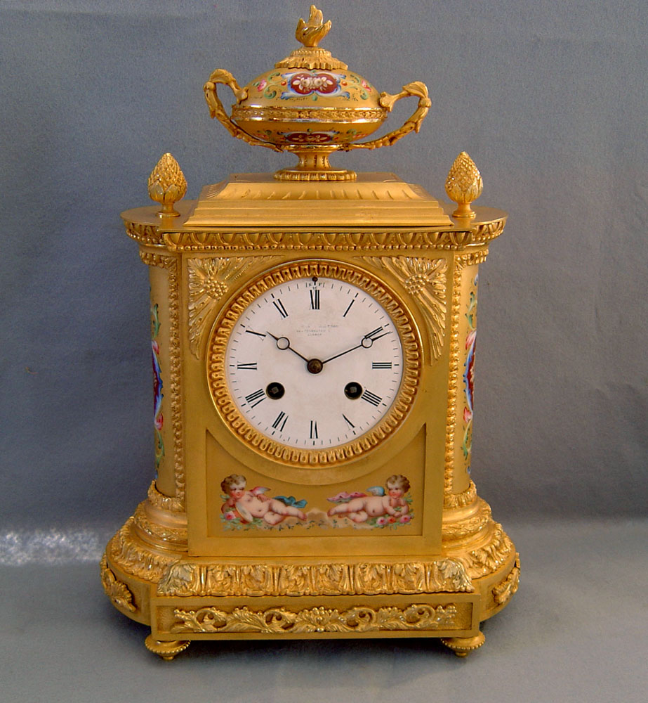 Antique French Napoleon III ormolu & porcelain mantel clock