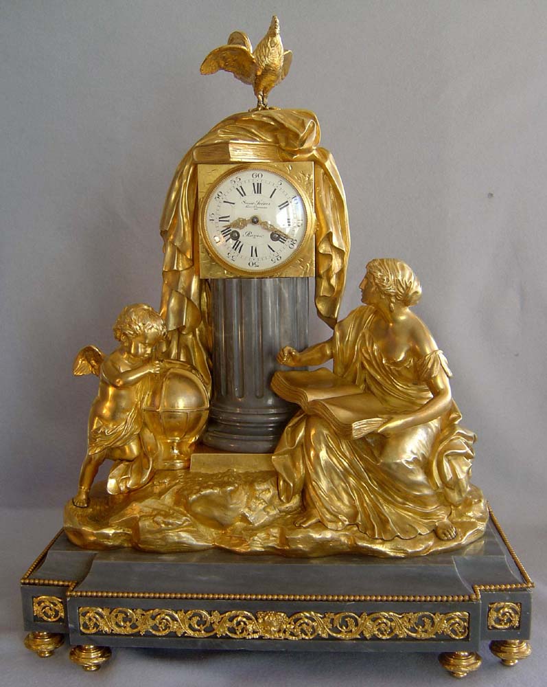 Antique French grey marble and ormolu clock in Louis XVIth style of science.