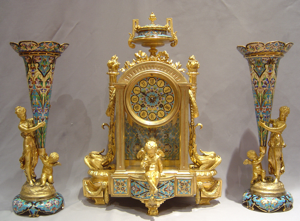 Antique French Napoleon III cloisonnee enamel and ormolu clock set