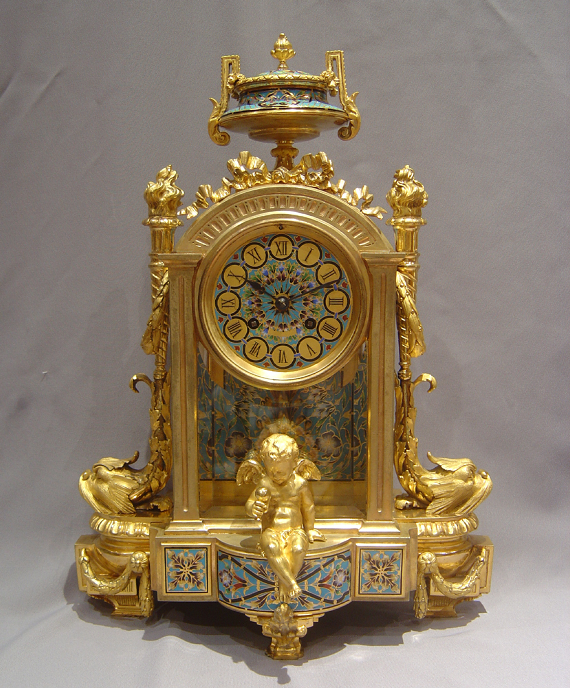 Antique French Napoleon III cloisonnee enamel and ormolu clock set