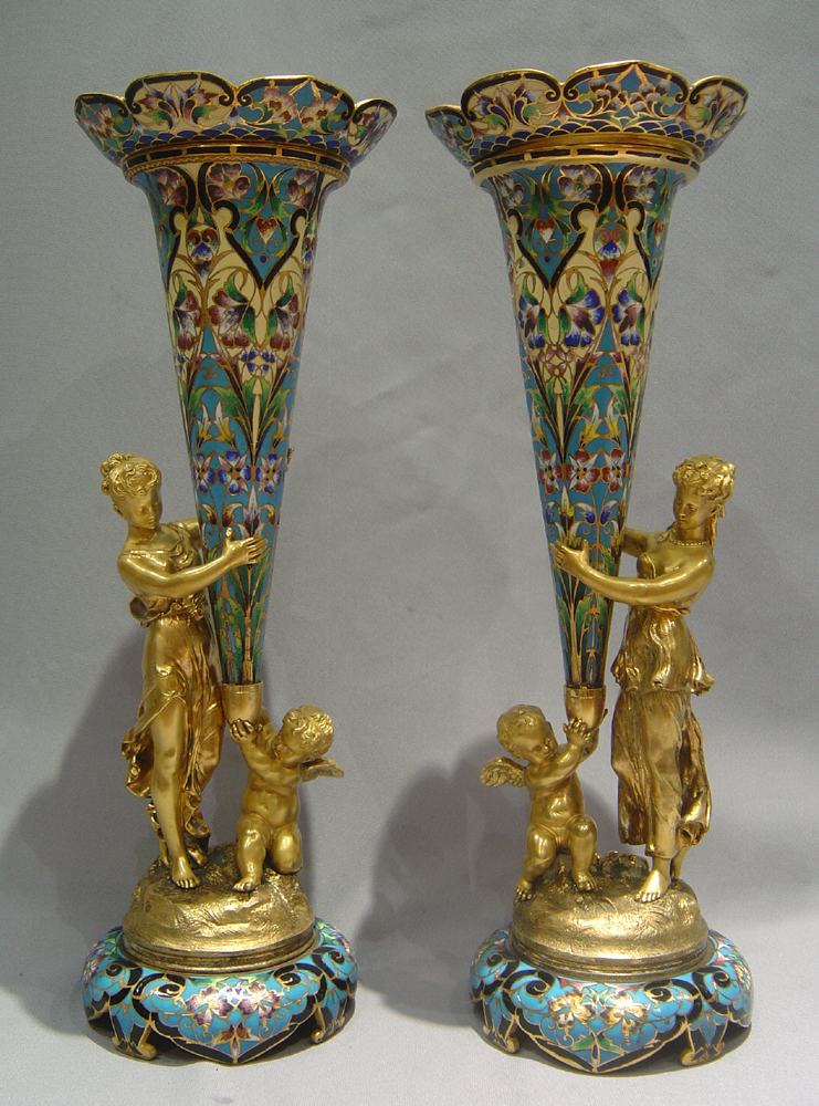 Antique French Napoleon III cloisonnee enamel and ormolu clock set