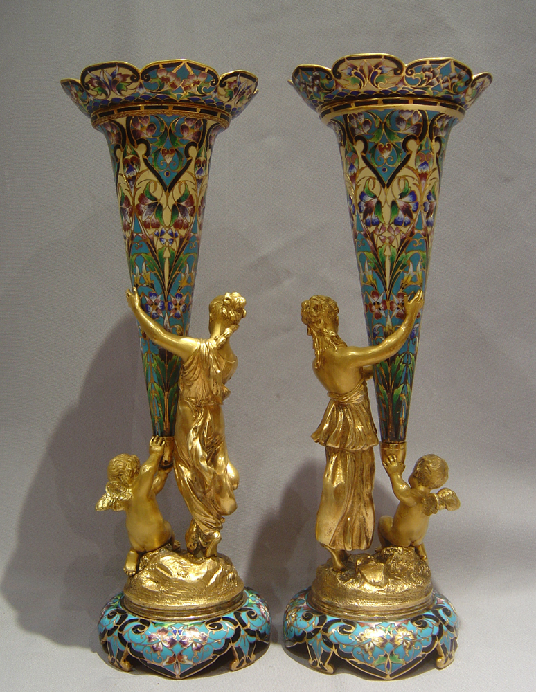 Antique French Napoleon III cloisonnee enamel and ormolu clock set