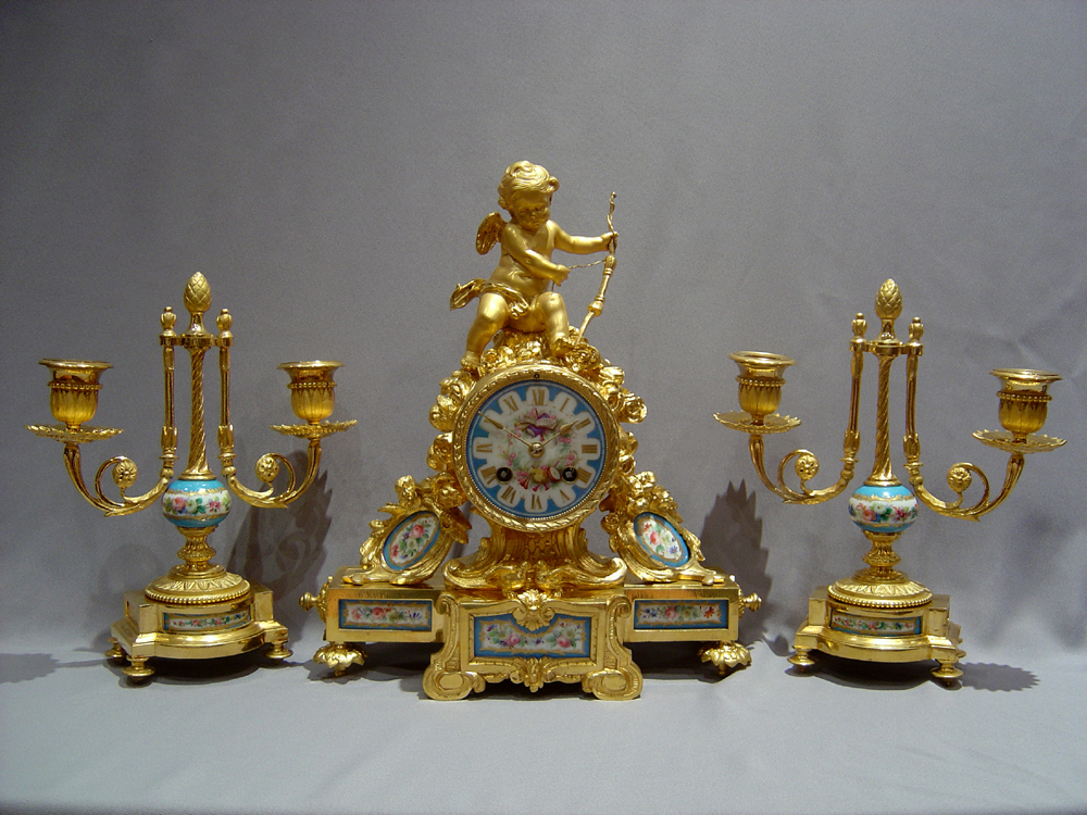 French antique blue celeste porcelain and ormolu clock set