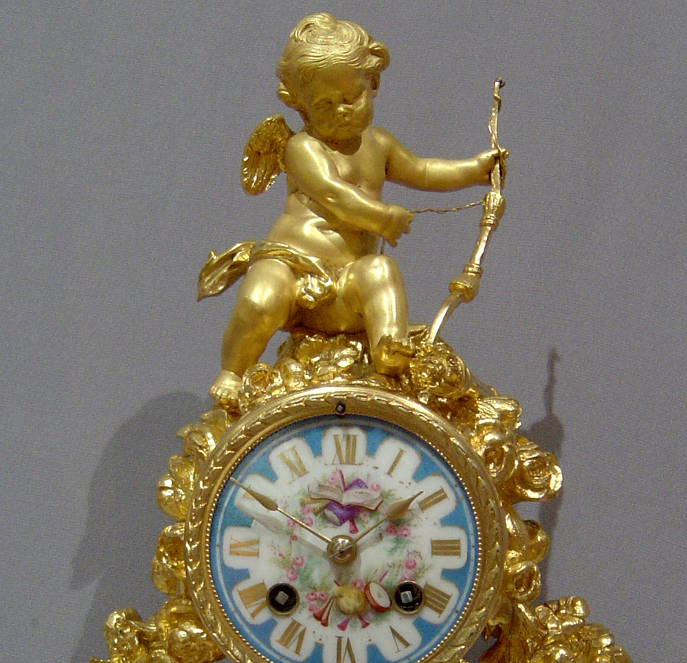 French antique blue celeste porcelain and ormolu clock set