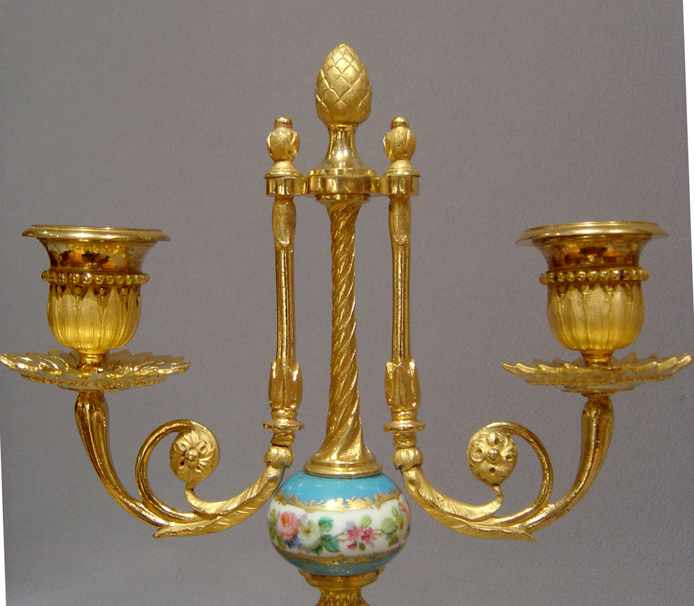 French antique blue celeste porcelain and ormolu clock set
