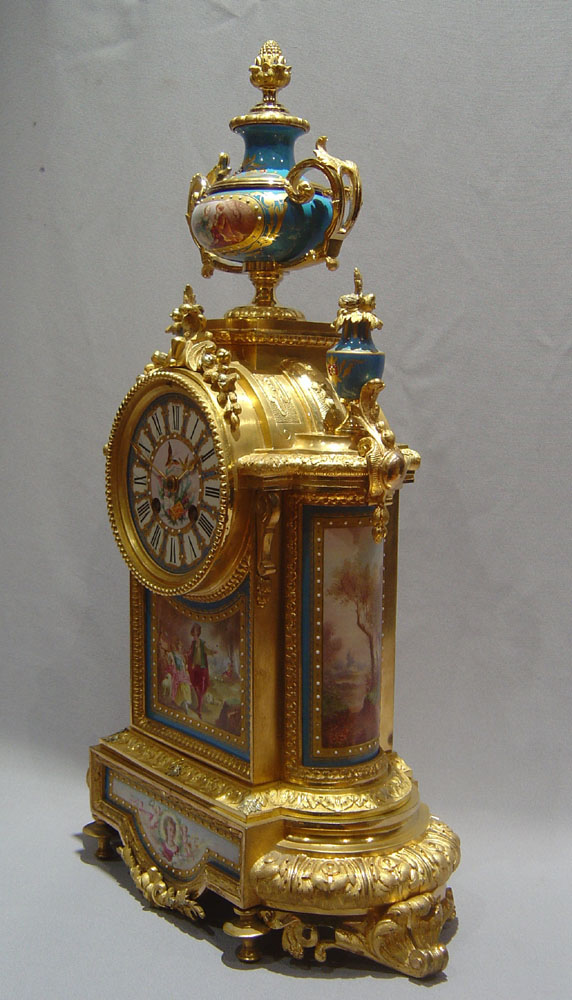 French antique blue celeste jewelled porcelain and ormolu with silver highights mantel clock