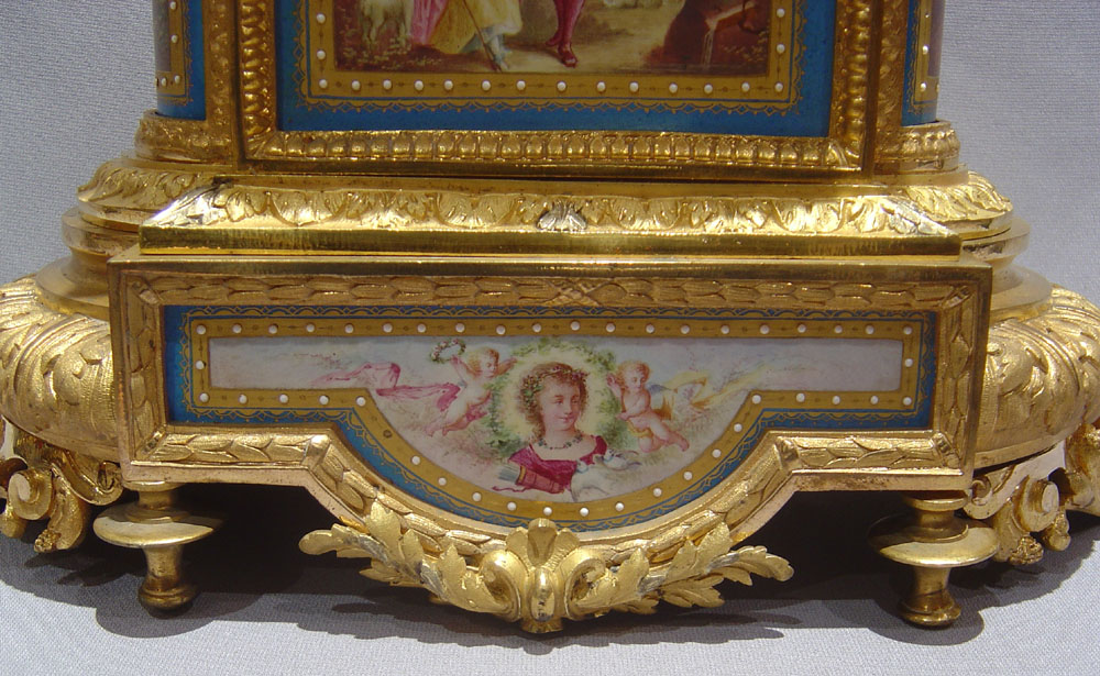 French antique blue celeste jewelled porcelain and ormolu with silver highights mantel clock