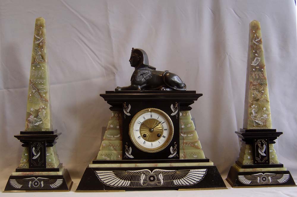 Antique French Egyptian Revival bronze and marble clock set