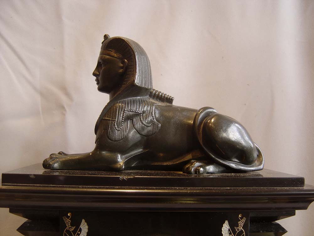 Antique French Egyptian Revival bronze and marble clock set