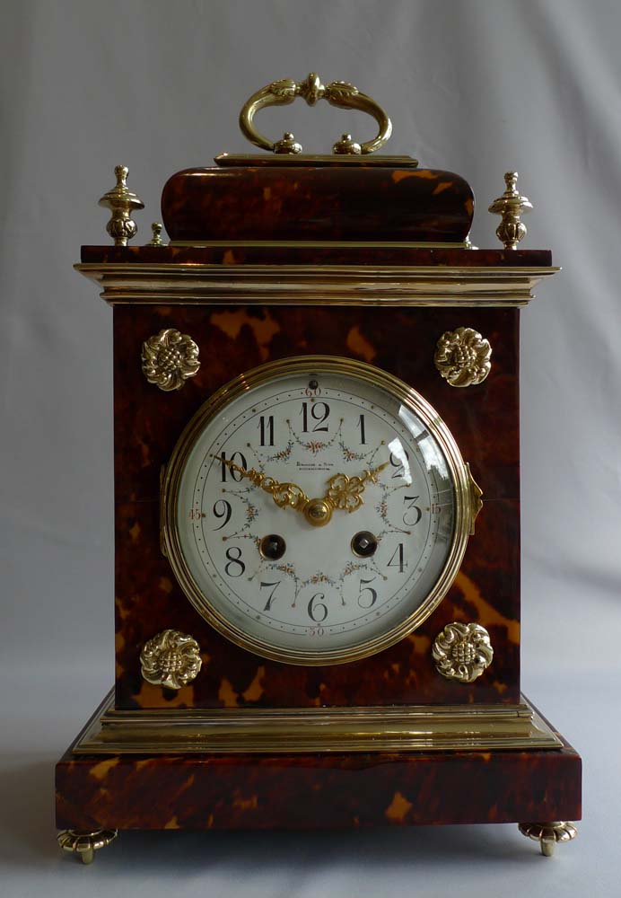 Antique tortoiseshell and gilt bronze bracket clock, English in the Queen Anne style.