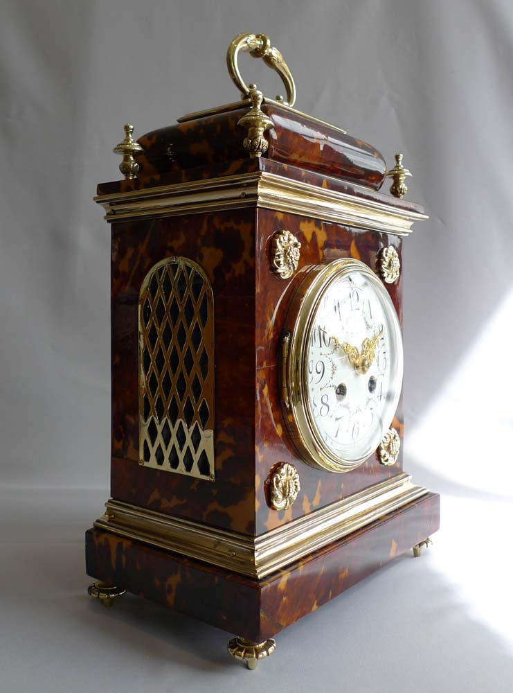 Antique tortoiseshell and gilt bronze bracket clock, English in the Queen Anne style.