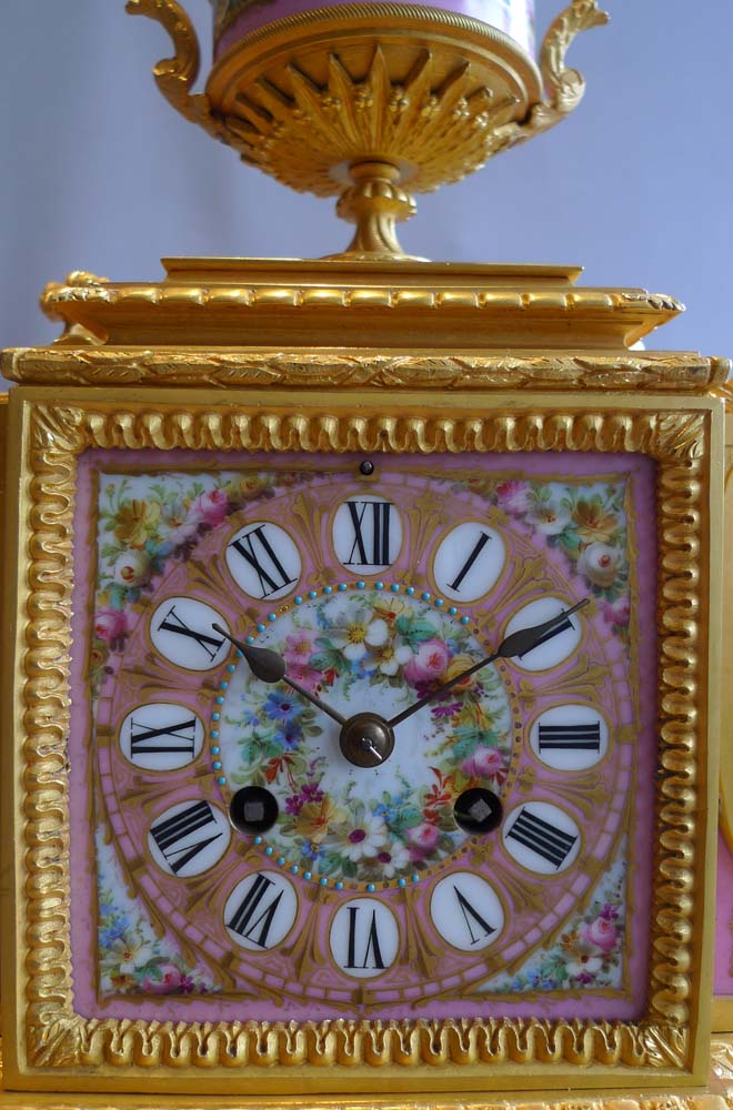 French antique pink porcelain and ormolu mantel clock.