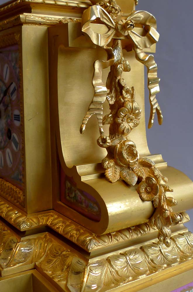French antique pink porcelain and ormolu mantel clock.