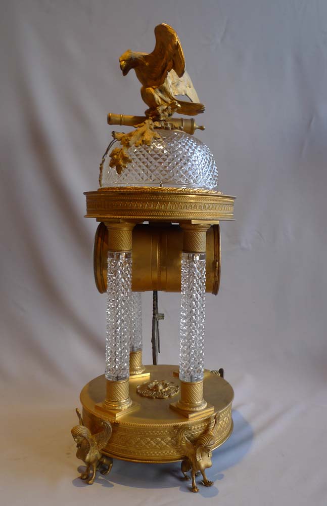 Antique crystal and bronze mantel clock with Napoleonic trophies