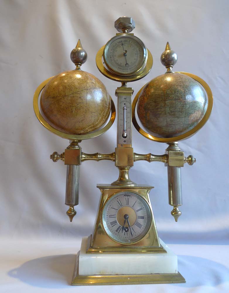 Desk compendium with two rotating terrestrial & celestial globes, thermometer, barometer & compass