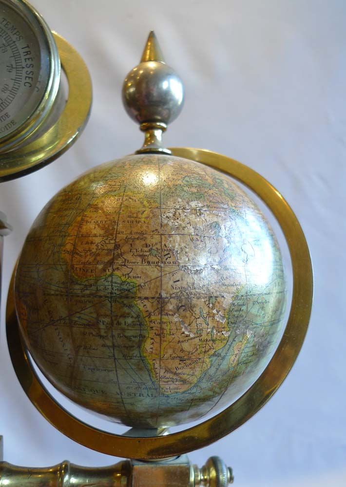 Desk compendium with two rotating terrestrial & celestial globes, thermometer, barometer & compass